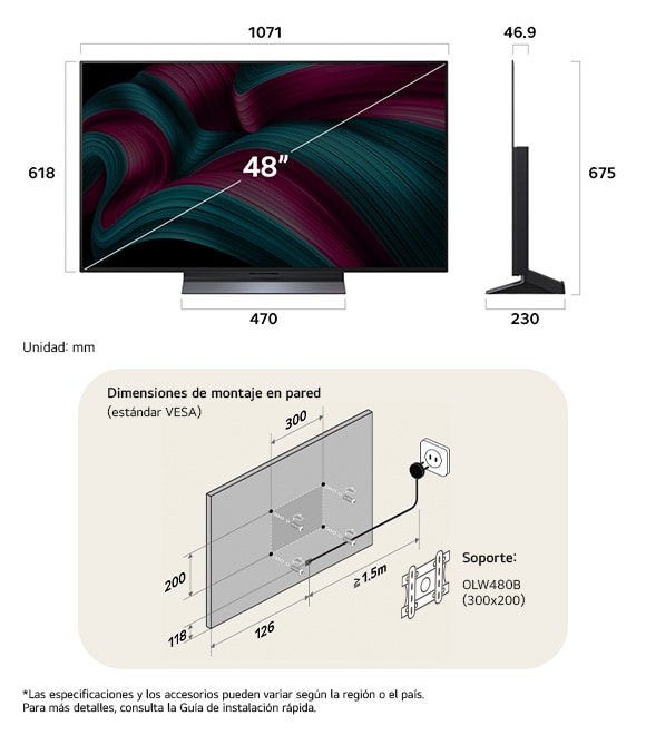 ¡Vista de dimensiones del LG OLED evo AI C5 4K 48-inch, 1071×675×230 mm, panel 46.9 mm, VESA 300x200.