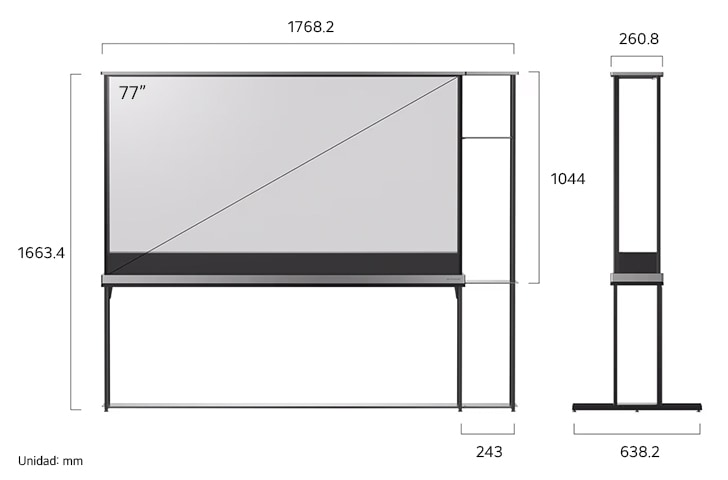 ¡Vista de dimensiones del LG OLED SIGNATURE AI 4K 77-inch, 1768.2×1663.4×638.2 mm.