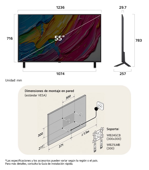 ¡Vista de dimensiones del LG QNED MiniLED AI QNED80 4K 55-inch, 1236×783×257 mm, panel 29.7 mm, VESA 300x300.