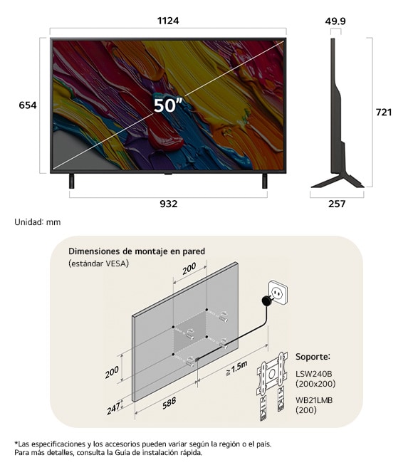 ¡Vista de dimensiones del LG QNED MiniLED AI QNED82 4K 50-inch, 1124×721×257 mm, panel 49.9 mm, VESA 200x200.