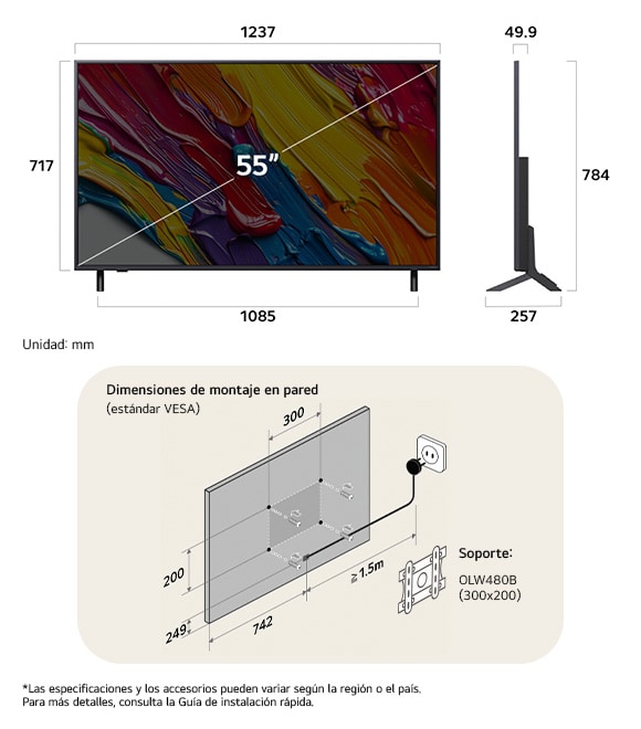 ¡Vista de dimensiones del LG QNED MiniLED AI QNED82 4K 55-inch, 1237×784×257 mm, panel 49.9 mm, VESA 300x200.