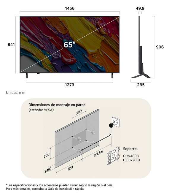 ¡Vista de dimensiones del LG QNED MiniLED AI QNED82 4K 65-inch, 1456×906×295 mm, panel 49.9 mm, VESA 300x200.