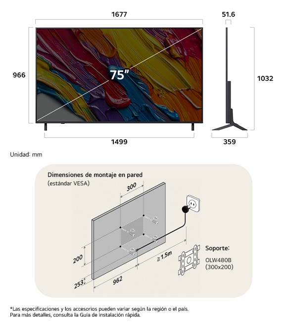 ¡Vista de dimensiones del LG QNED MiniLED AI QNED82 4K 75-inch, 1677×1032×359 mm, panel 51.6 mm, VESA 300x200.