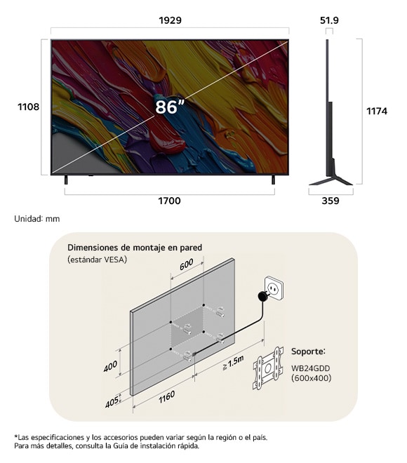 ¡Vista de dimensiones del LG QNED MiniLED AI QNED82 4K 86-inch, 1929×1174×359 mm, panel 51.9 mm, VESA 600x400.