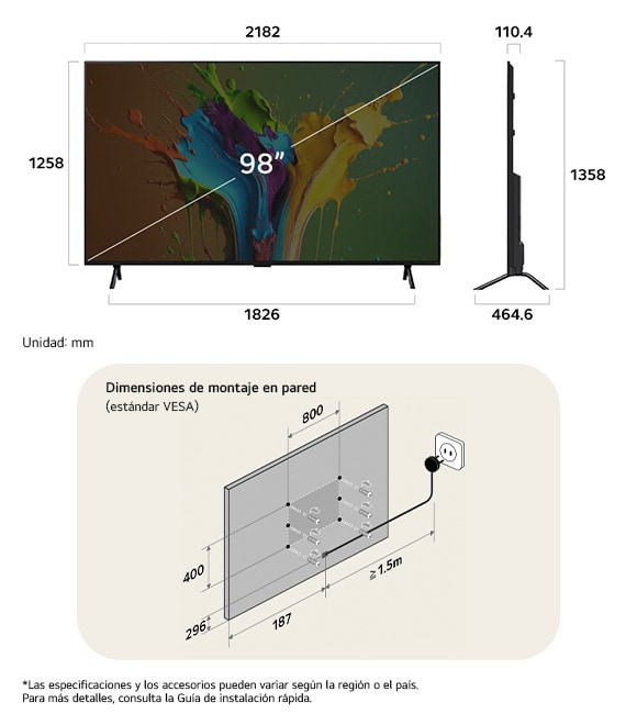 ¡Vista de dimensiones del LG QNED MiniLED AI QNED89 4K 98-inch, 2182×1358×464.6 mm, panel 110.4 mm, VESA 800x400.