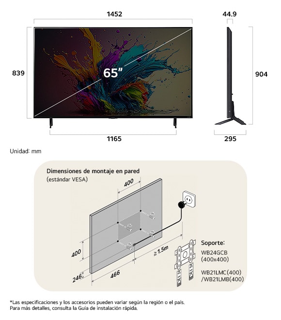 ¡Vista de dimensiones del LG QNED MiniLED AI QNED90 4K 65-inch, 1452×904×295 mm, panel 44.9 mm, VESA 400x400.