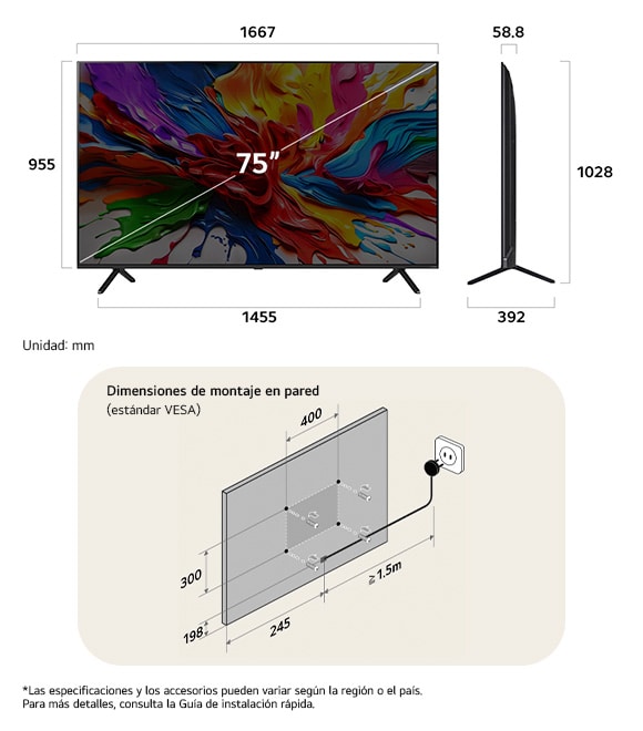 ¡Vista de dimensiones del LG QNED MiniLED AI QNED92 4K 75-inch, 1667×1028×392 mm, panel 58.8 mm, VESA 400x300.