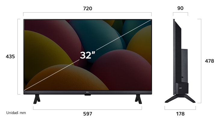 ¡Vista de dimensiones del LG HD LR60 Smart TV 32-inch, 720×478×178 mm, panel 90 mm.