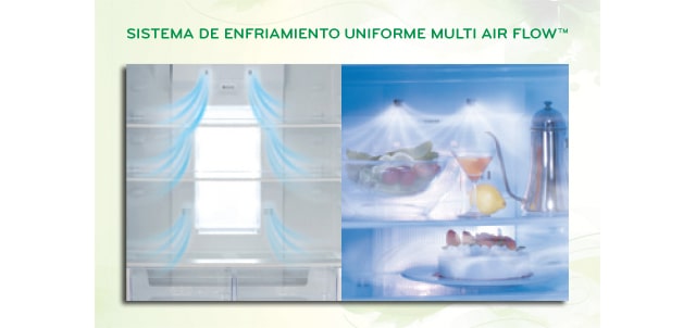 Tecnología Multi Air Flow, permite que el aire circule frío en cada esquina del refrigerador y enfríe los alimentos.