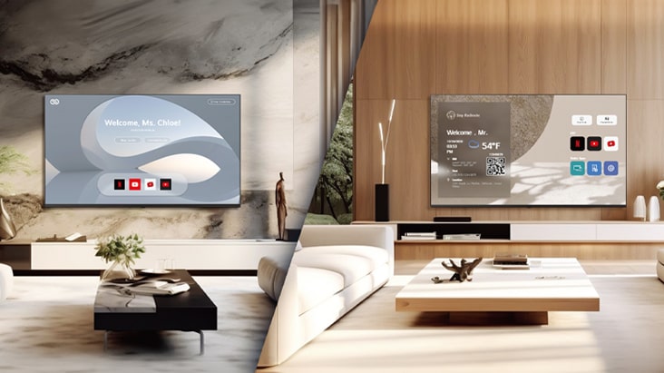 Esta imagen muestra el contraste entre dos vistas de habitaciones de diferentes alojamientos, cada una con mensajes de bienvenida en sus respectivas televisiones.