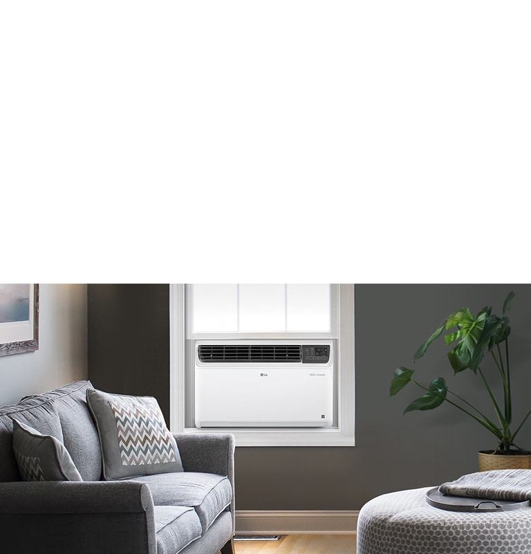 Los aires acondicionados de ventana LG ofrecen rendimiento potente y durabilidad, adaptándose al marco de la ventana.