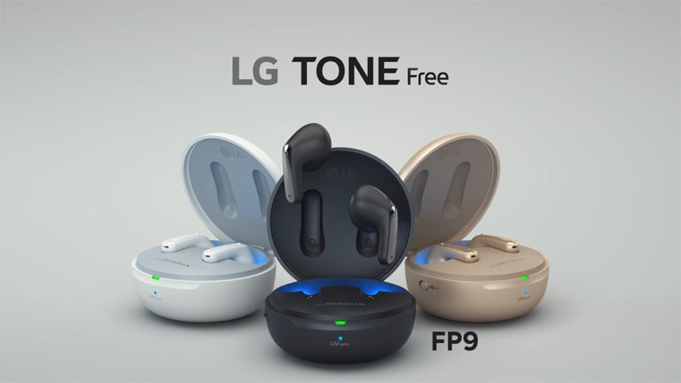 A video start from the a close-up of the button on the product. and floating in the air as the cradles of black, gold, and white LG TONE Free are opened and appears copy of the LG TONE Free FP Series.