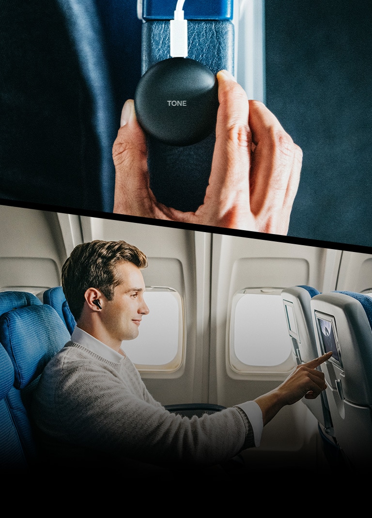 The image of a man using the Plug & wireless function on an airplane is divided into two scenes.Scene of connecting the AUX line to the connection and a scene of touching the entertainment screen of the seat.
