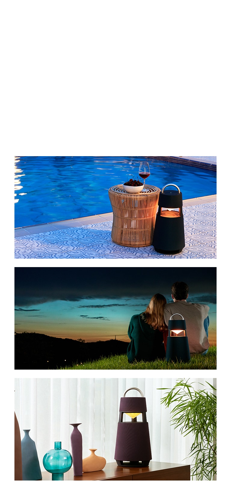 Imagen de XBOOM 360 de pie en amarillo en una piscina al aire libre. Una imagen de XBOOM 360 de pie detrás de una mujer y un hombre mirando el cielo nocturno al atardecer. Imagen de XBOOM 360 de pie en amarillo en la parte trasera izquierda de una mujer disfrutando de una fiesta .