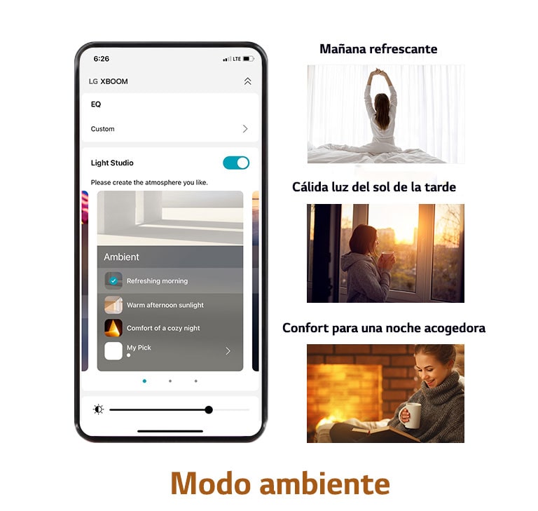 Imagen del teléfono móvil con la pantalla de la aplicación encendida en modo ambiente. Las imágenes incluyen imágenes de mujeres sentadas en camas que recuerdan y se estiran, mujeres mirando la puesta de sol y mujeres que se toman un descanso leyendo libros.