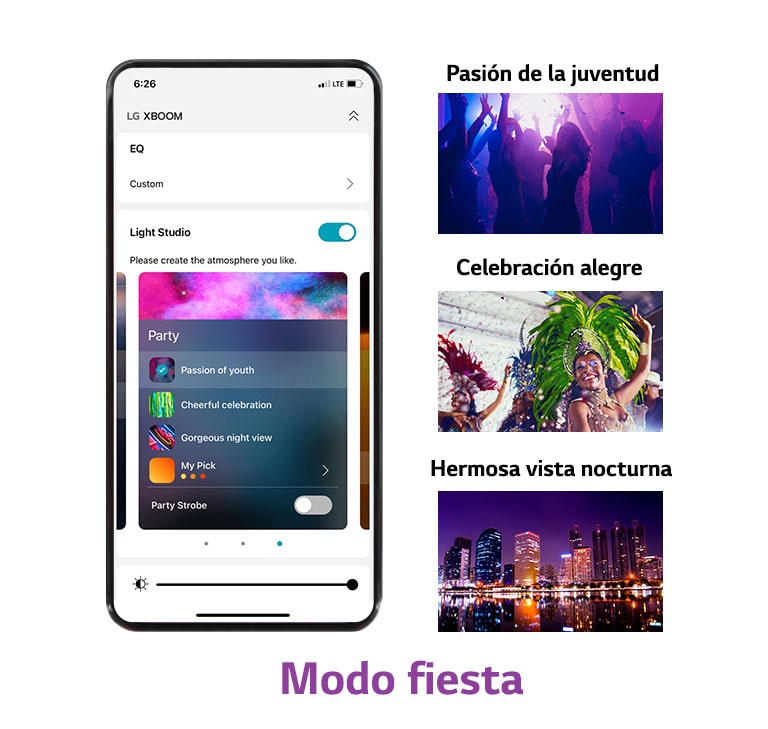 Imagen del teléfono móvil con la pantalla de la aplicación encendida en modo fiesta. Imágenes de silueta de gente bailando en clubes. La imagen de una mujer con ropa de fiesta colorida. La vista nocturna de la ciudad coloreada con colores neón.