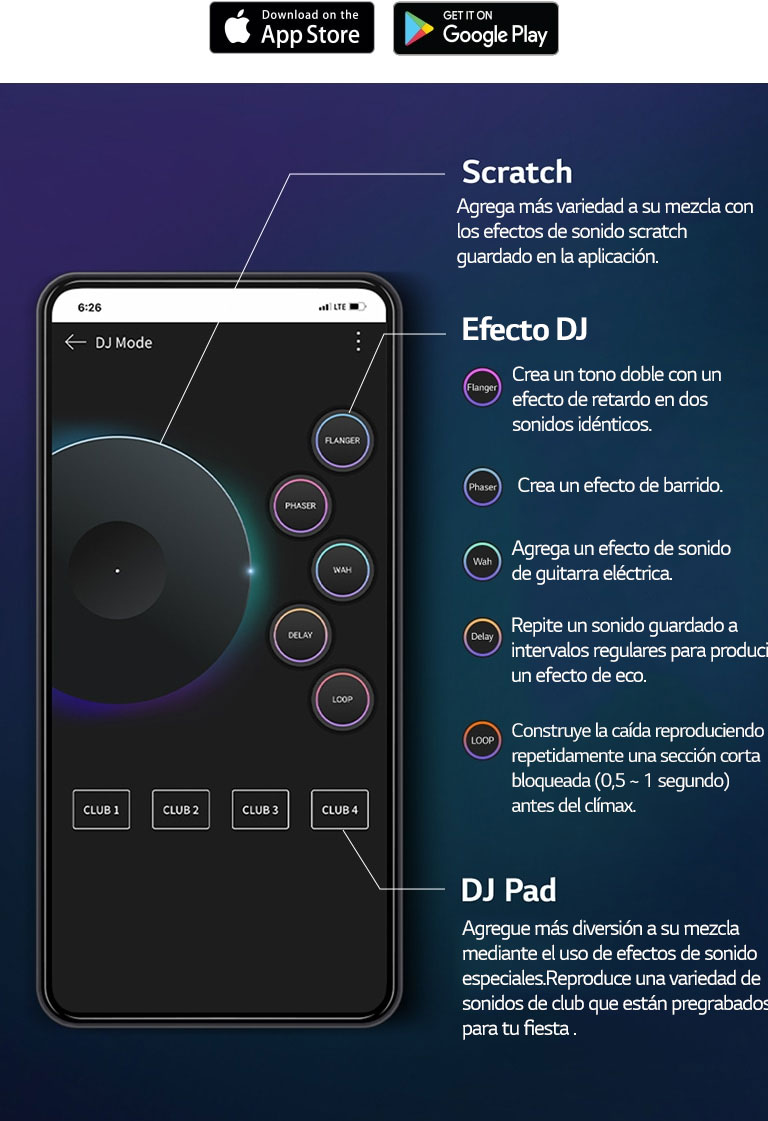 Para expresar el sonido que sale del producto como si fueras un DJ a través de la APLICACIÓN XBOOM, la imagen del teléfono con la pantalla de la APLICACIÓN DJ encendida y las funciones listadas a su lado.