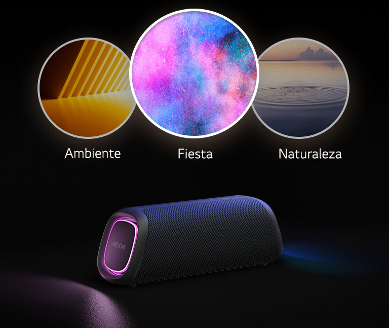 LG XBOOM Go XG7 con iluminación violeta se coloca en el suelo. En la parte superior de la bocina, muestra tres modos de Light Studio; ambiente, naturaleza y fiesta.