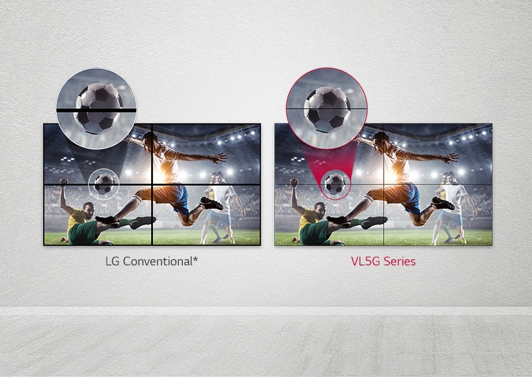 La serie VL5G tiene un espacio de imagen menor entre pantallas en mosaico en comparación con los LG Conventional, por lo que su contenido se ve bien sin que el espacio te moleste.