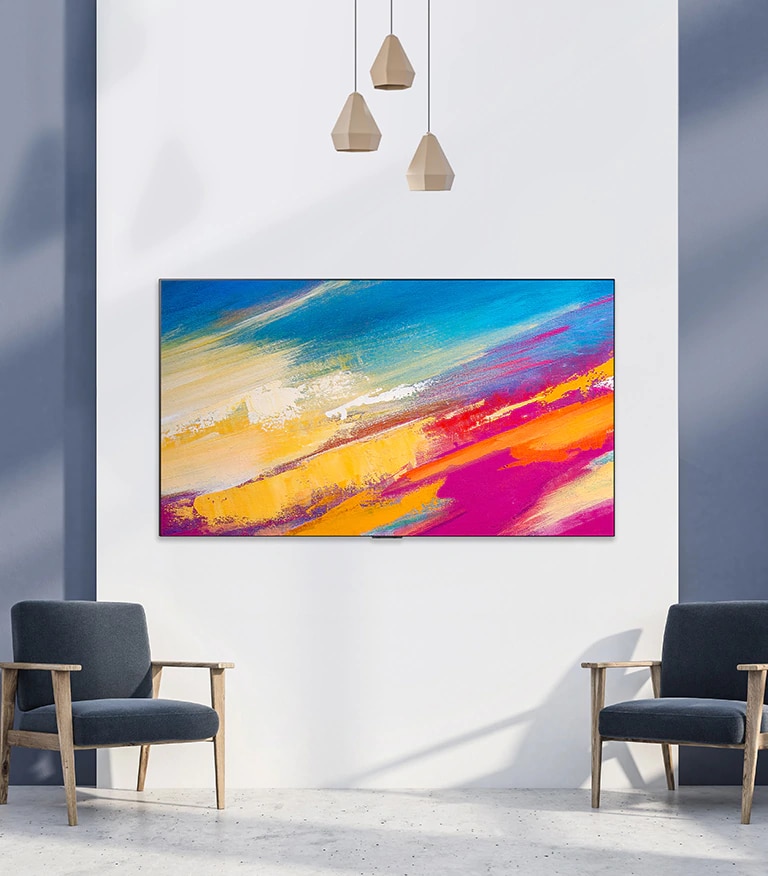 Un televisor en la pared muestra la obra de arte y la textura de la pantalla es tan buena como si estuviera en una galería.