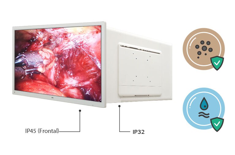 Con clasificaciones de IP 45 en el frente e IP 32 en el cuerpo excepto el frente, este monitor quirúrgico está protegido contra el contacto con objetos sólidos y agua.