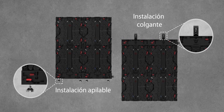 The part where the cabinet can be installed either as stacking or hanging is enlarged and shown.