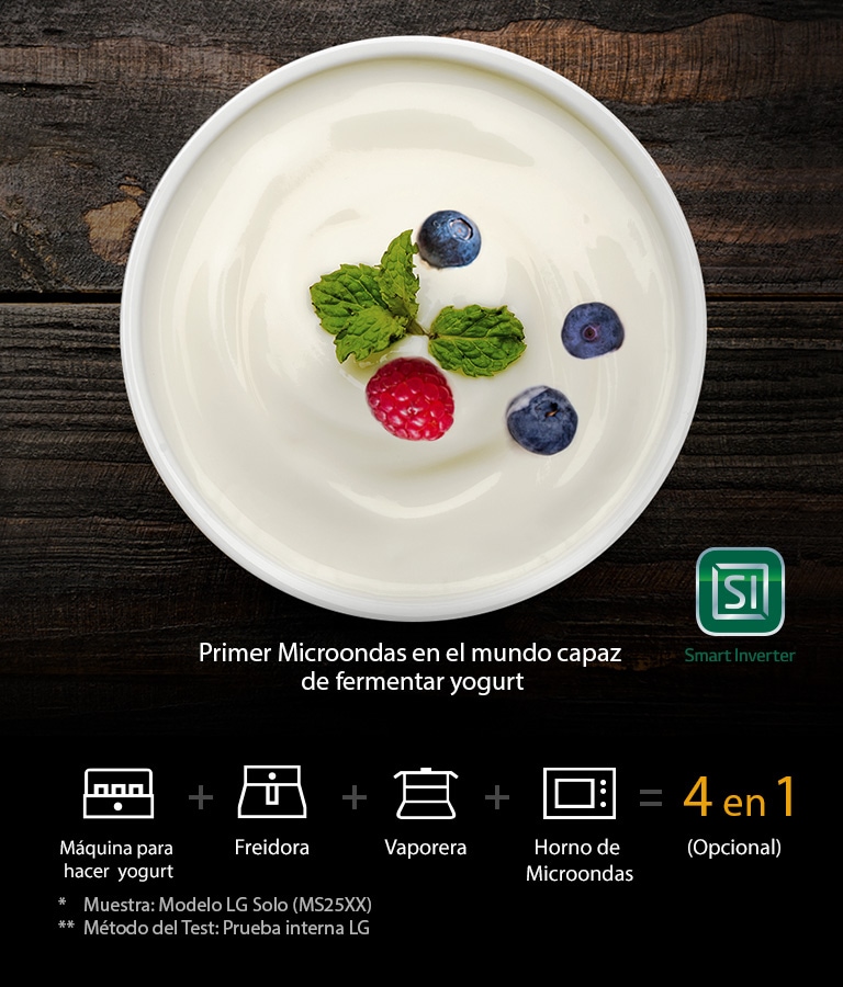 Aparece un tazón con moras de yogurt fermentado en el microondas.