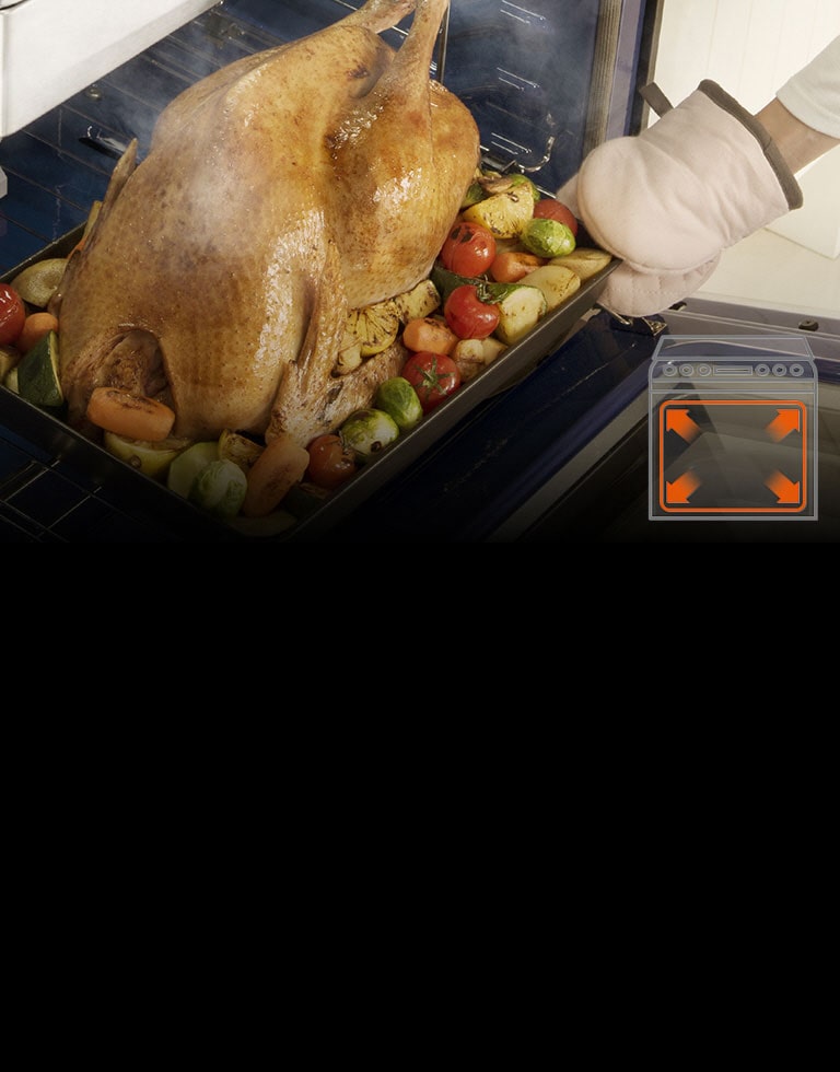 Un pavo recién cocinado sale del horno, demostrando su capacidad para cualquier tamaño de comida.