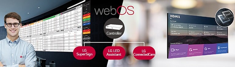 The LG employee is remotely monitoring the GSCD series installed in a different place by using a cloud-based LG monitoring solution. System controller with web OS enables GSCD series to be compatible with LG software solutions.