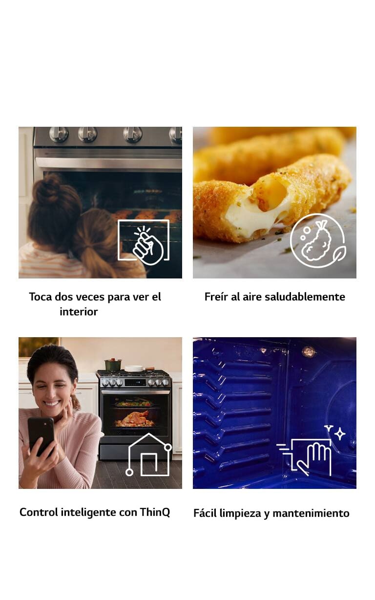Se muestran las características principales, freír al aire, control ThinQ y fácil limpieza.