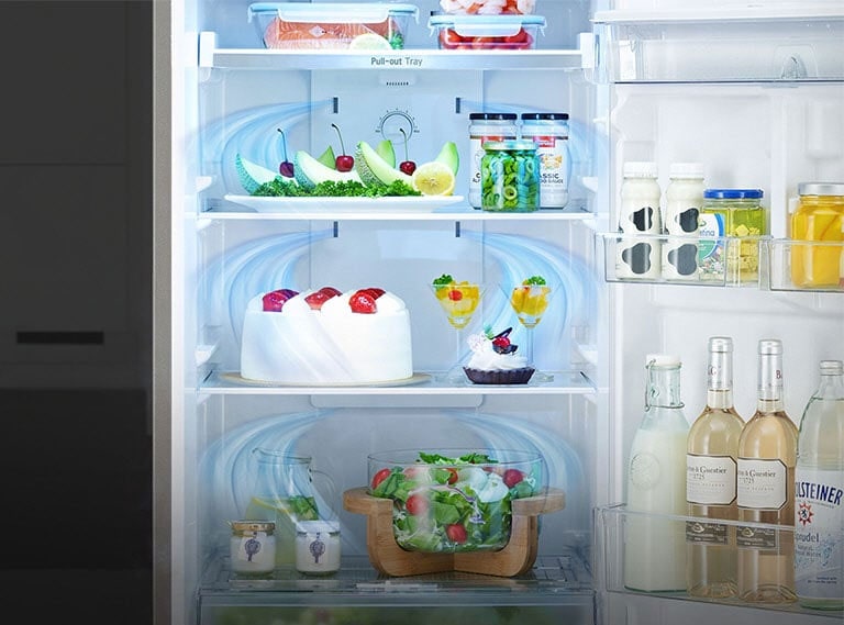 Tecnología Multi Air Flow, permite que el aire circule frío en cada esquina del refrigerador y enfríe los alimentos.