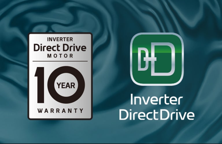 Un fondo de ondas suaves con el logotipo de Inverter DirectDrive 10 años de garantía, el logotipo de Inverter DirectDrive.