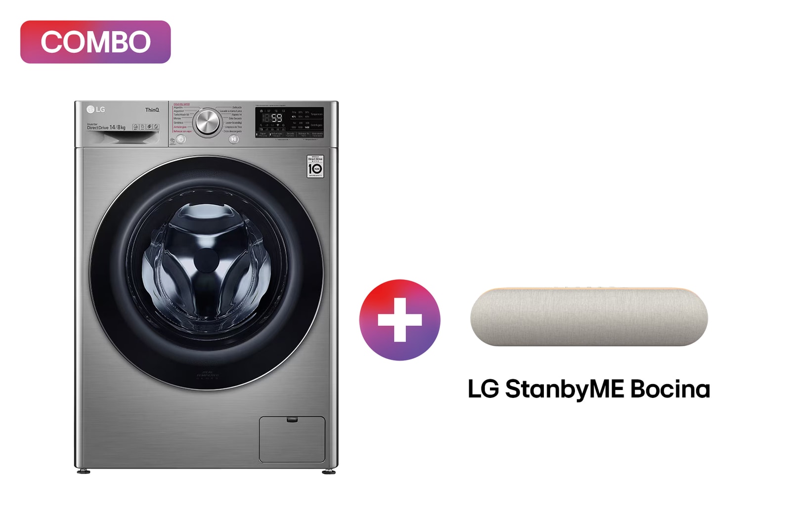 Vista frontal de Lavasecadora Carga Frontal AI DD™ 14/8 kg + LG StanbyME Bocina bluetooth XT7S | 20W | | batería de 16 horas de duración WD14VV3S6C.XT7S