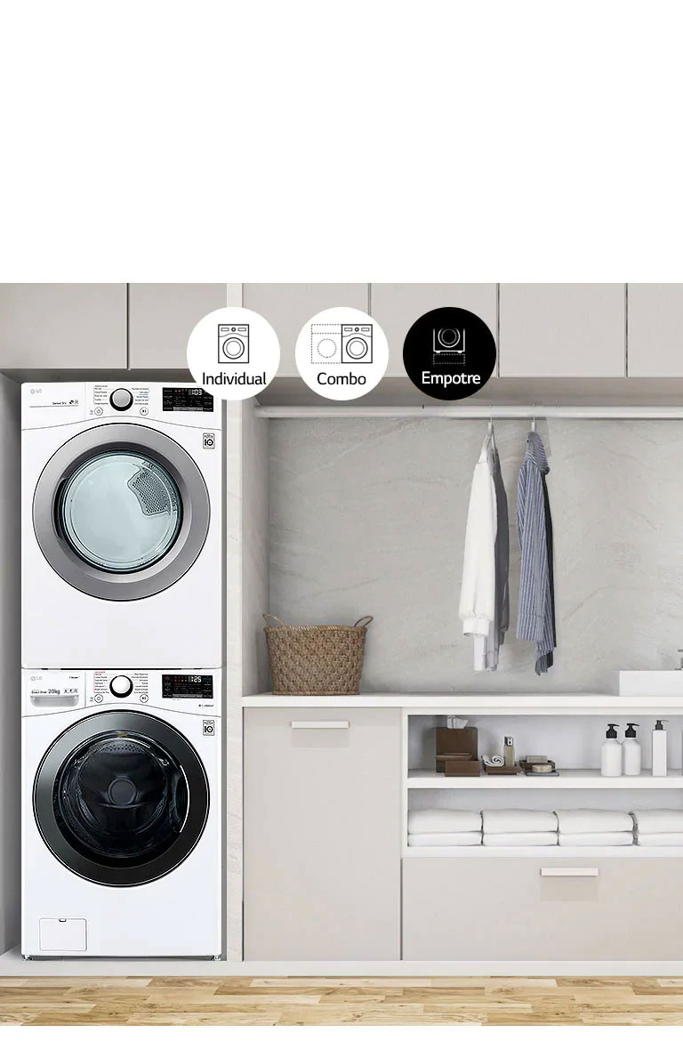 Doble Cuidado: Perfecta para su estilo de vida. Descubra los combos de lavadora y secadora, un set de lavado en poco espacio con el diseño ideal para su hogar.