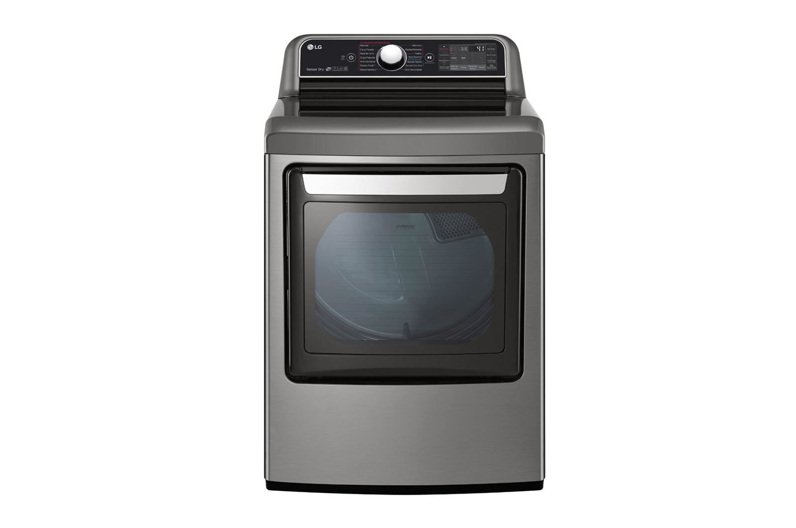 Vista frontal de Secadora Carga Frontal Inteligente con ciclos de vapor Steam Fresh™ y Sensor Dry™ 25 Kg color Acero con Conectividad LG ThinQ DT25VTSG