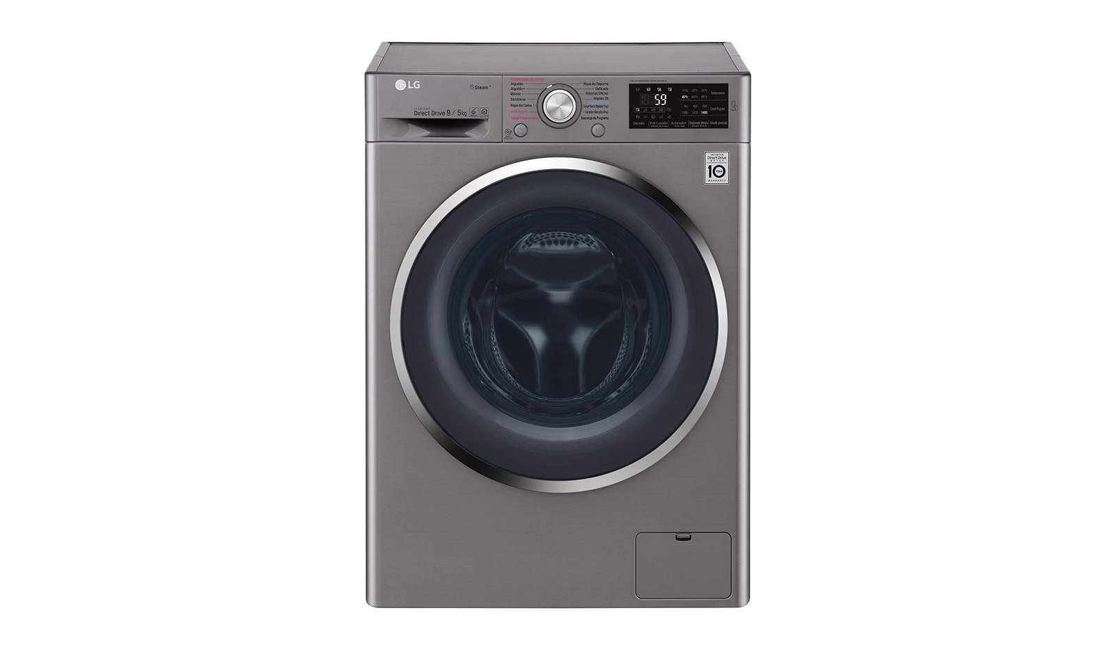 Vista frontal de Lavasecadora Carga Frontal 6 Motion DD con Motor Inverter Direct Drive 10Kg/6Kg color acero WD10SB6