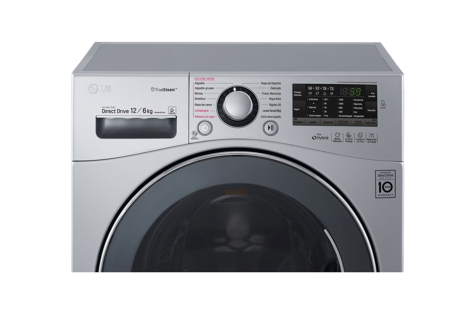 LG Lavasecadora Carga Frontal 6 Motion DD, TrueSteam™ con Motor Inverter Direct Drive, Smart Diagnosis™ 12 Kg/6 Kg color Plata, WD1247RDS
