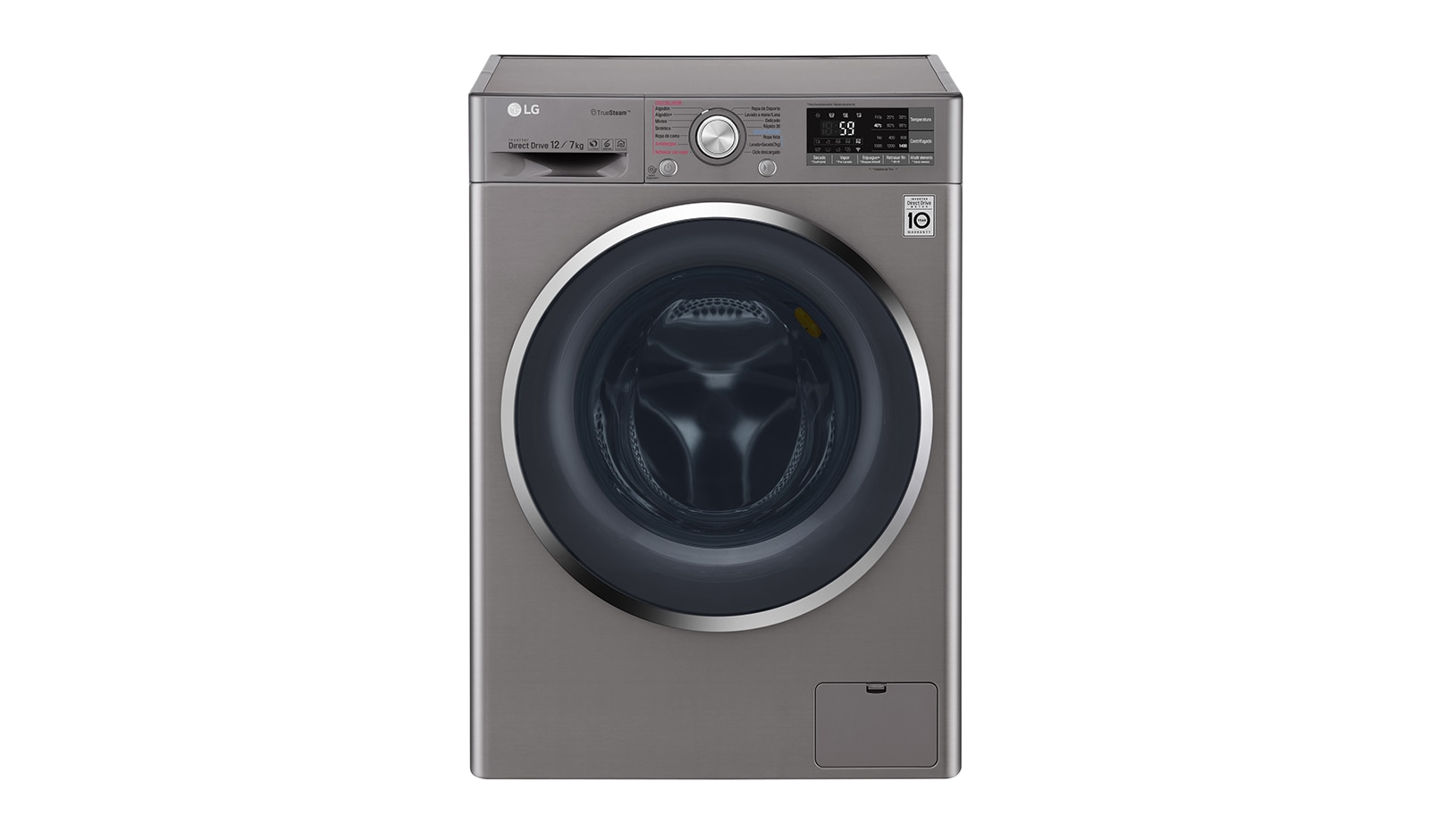 Vista frontal de Lavasecadora Smart Carga Frontal 6 Motion DD con Motor Inverter Direct Drive 12Kg/7Kg color acero WD12SB6