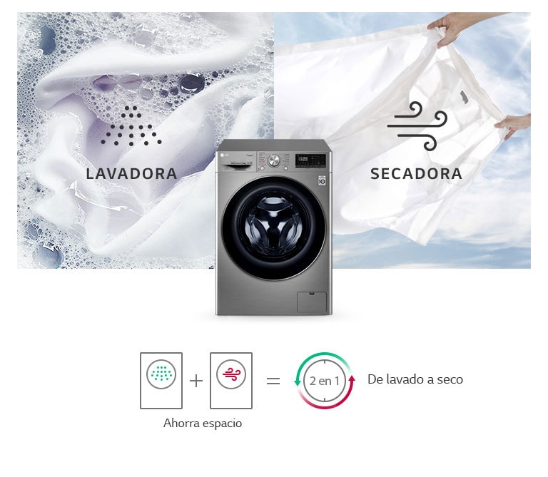 Una imagen de fondo muestra una camisa blanca en el ciclo de lavado con espuma y otra en el ciclo de secado.