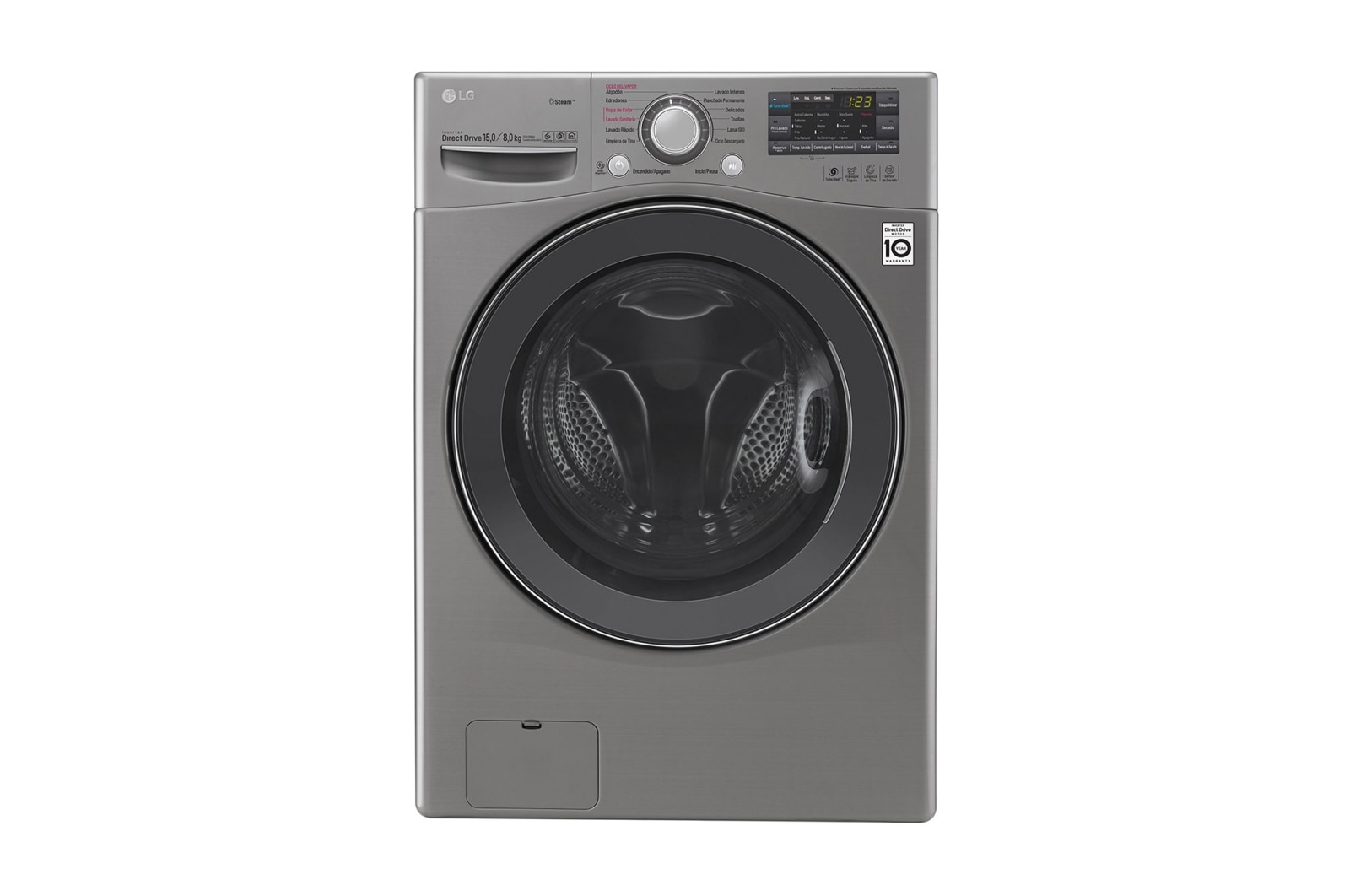 Vista frontal de Lavasecadora Carga Frontal 6 Motion DD con Motor Inverter Direct Drive, Smart Diagnosis™ 15Kg/8Kg color Deluxe steel WD1577RD