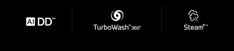Fila con cuatro íconos de LG: El sello de AI DD, el sello de TurboWash 360 y el sello de Vapor (Steam).