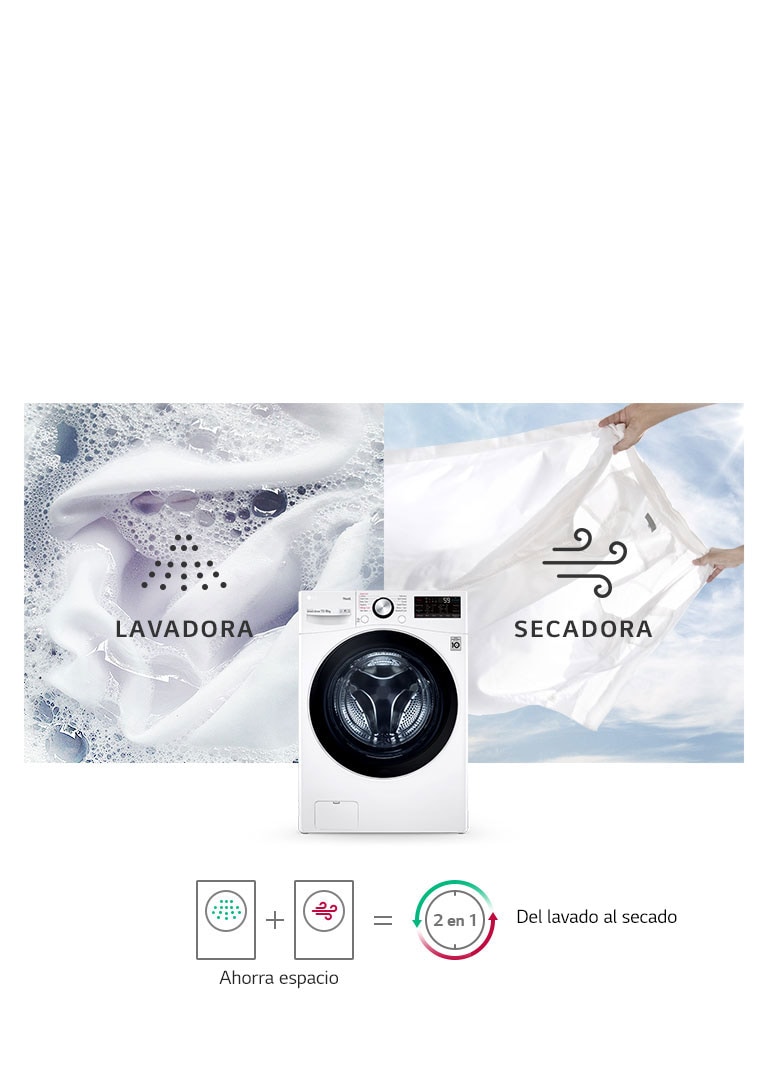 Una imagen de fondo muestra una camisa blanca en el ciclo de lavado con espuma y otra en el ciclo de secado.