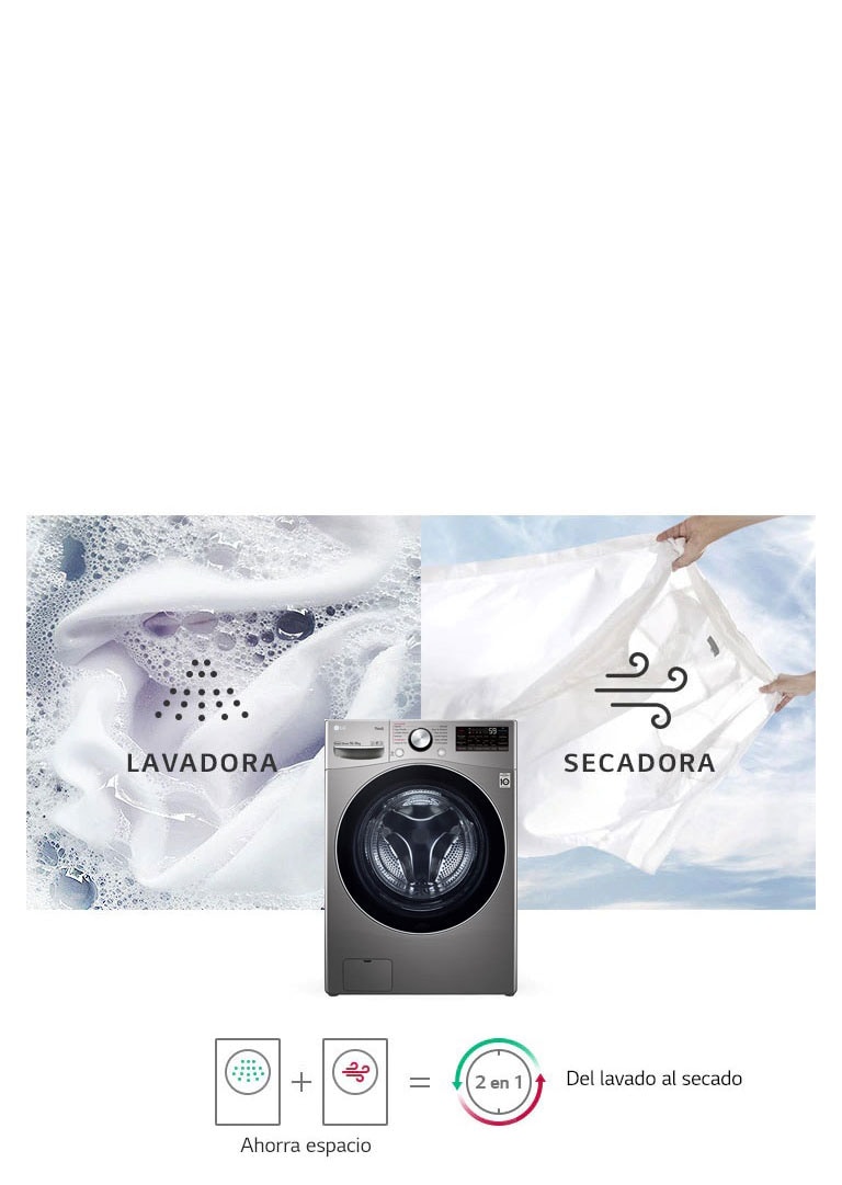Una imagen de fondo muestra una camisa blanca en el ciclo de lavado con espuma y otra en el ciclo de secado.