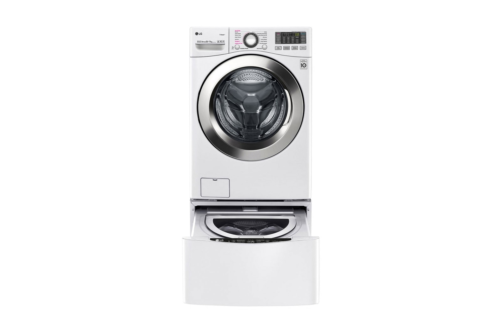 Vista frontal de Lavasecadora Smart Carga Frontal 6 Motion DD con Motor Inverter Direct Drive, 20Kg/11Kg color Blanca Compatible con LG TWINWash™ Mini WD20WVS6