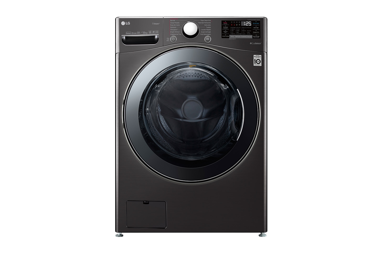 Vista frontal de Lavasecadora LG Carga Frontal Inteligente 6 Motion DD con Motor Inverter Direct Drive 22Kg / 13Kg – Acero Negro con Conectividad LG ThinQ WD22BV2S6
