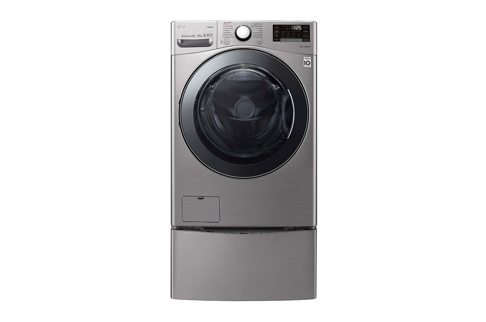 Vista frontal de Lavasecadora LG Carga Frontal Inteligente Inverter DD con conectividad ThinQ con 6 Motion DD 22Kg / 13Kg – Acero Negro – WD22VV2S6 WD22VV2S6