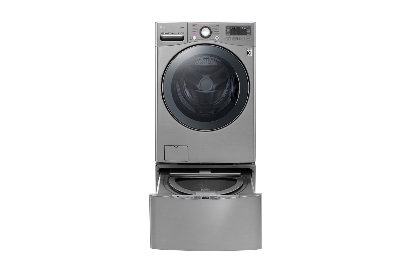 Vista frontal de Lavasecadora Smart LG Carga Frontal 6 Motion DD con Motor Inverter Direct Drive, 22Kg/13Kg color Deluxe Steel Compatible con LG TWINWash™ Mini WD22VVS6