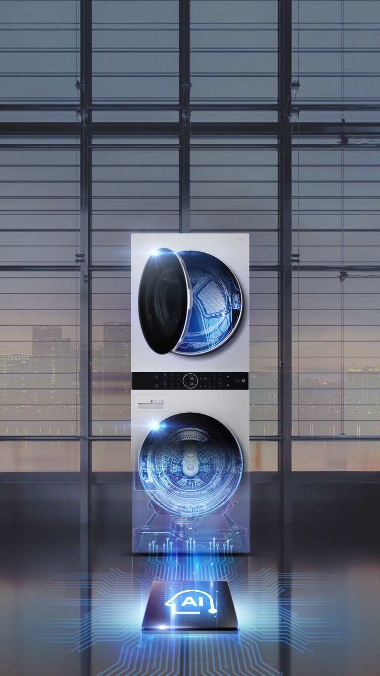 Una torre de lavado LG se encuentra frente al frente con una pared de ventanas detrás. La puerta superior está entreabierta y muestra una luz azul que brilla en el interior. La puerta inferior está completamente abierta y muestra la luz azul brillando y las líneas que se conectan al icono de IA que indican la tecnología y la conexión.