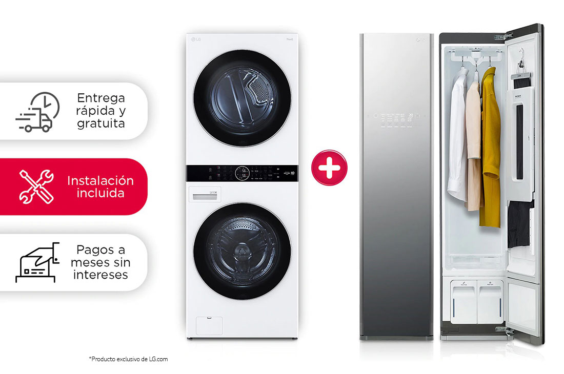 LG  Combo: Torre de lavado LG WashTower™ (con secadora de Gas) + Sistema de vapor LG Styler. La pureza y frescura del vapor con la eficiencia de la inteligencia artificial., WK22WS6-S3MFBN