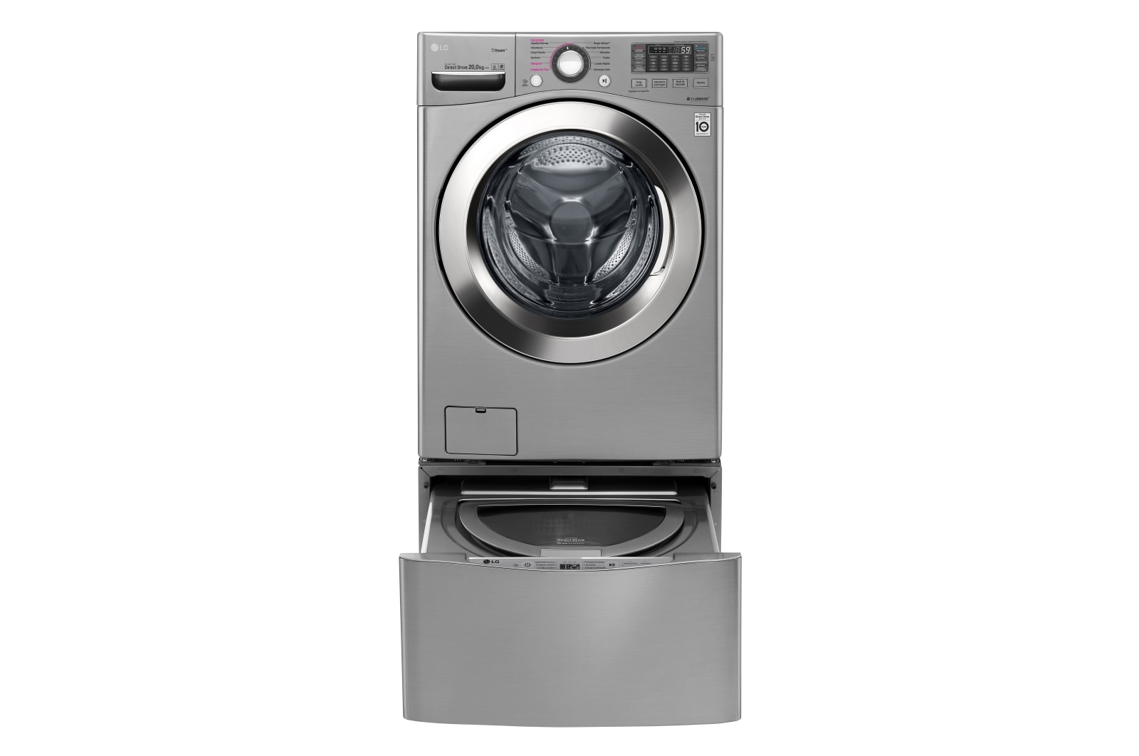 Vista frontal de Lavadora Carga Frontal 6 Motion DD con Motor Inverter Direct Drive, Smart Diagnosis™ 20 Kg color Deluxe steel Compatible con LG TWINWash™ Mini WM20VVS6